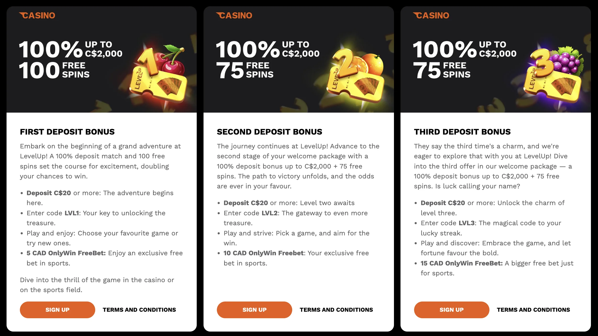 level up casino bonuses